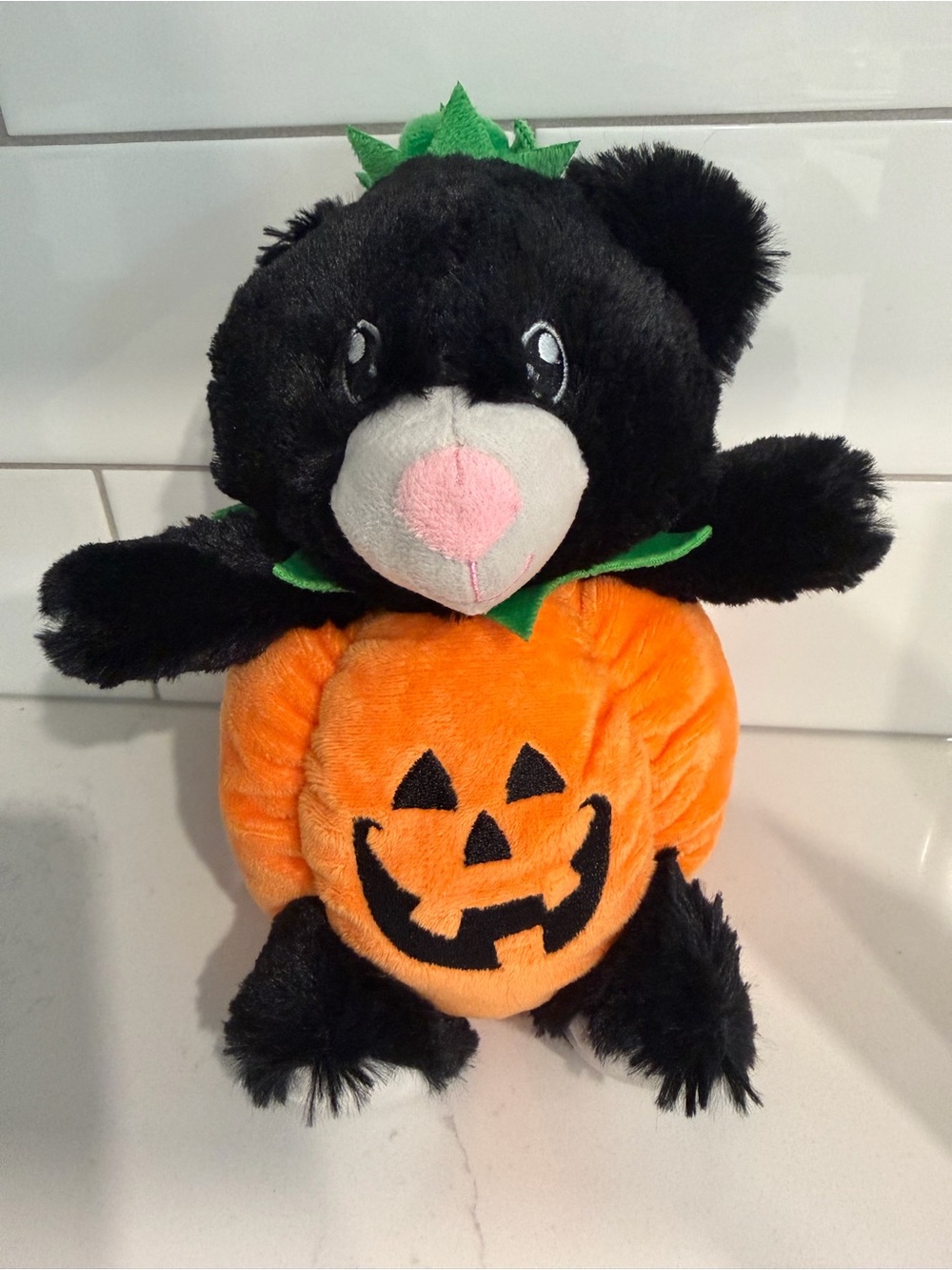 Halloween STUFFED ANIMAL Black Bear Plush in Orange Pumpkin Outfit
